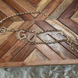 Gucci Gold Crystal Logo Chain Necklace